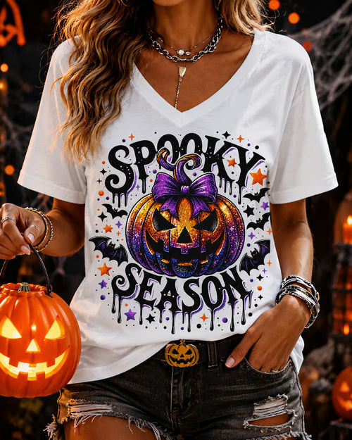 100% Cotton Halloween Spooky Season Print V Neck Short Sleeve Tshirt