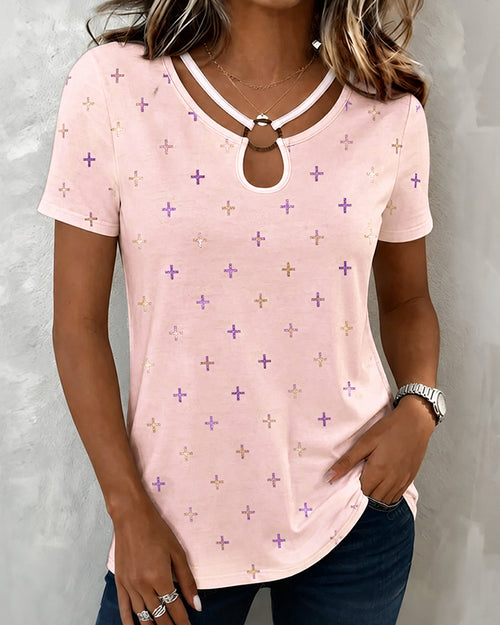 Gradient Small Cross Print Hollow Short Sleeve T-Shirt
