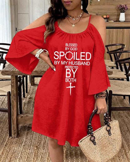 Blessed By God English Cross Print Strap Open-Shoulder Long Sleeve Dress