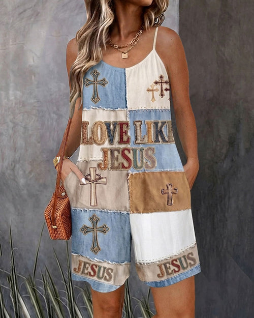Cross Patchwork Print Sleeveless Cami Short Jumpsuit With Side Pockets