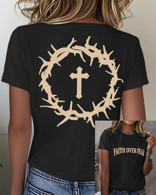 Front-and-back荆棘 Ring Cross FAITH OVER FEAR Printed Short-sleeve T-shirt