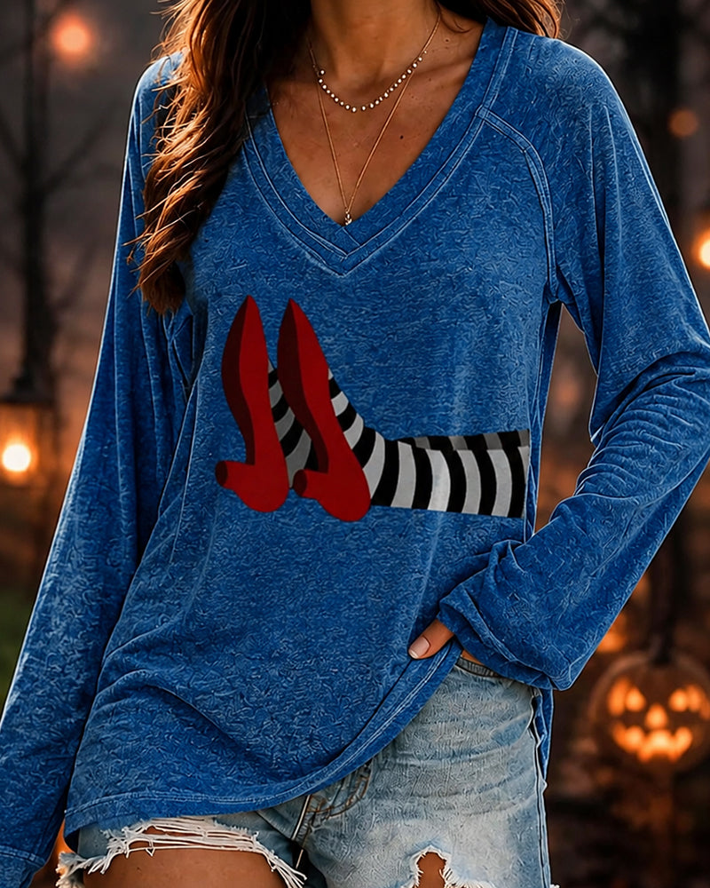 Women’s Halloween-Printed V-neck Long-sleeved T-shirt