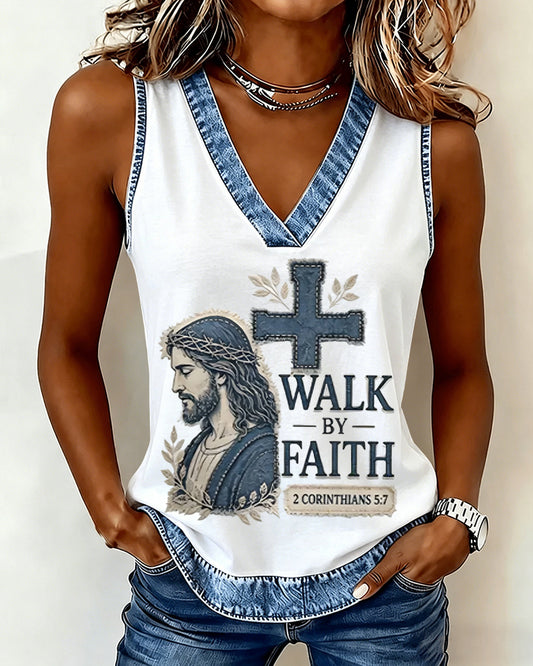 Jesus Cross Letter Print V-Neck Vest