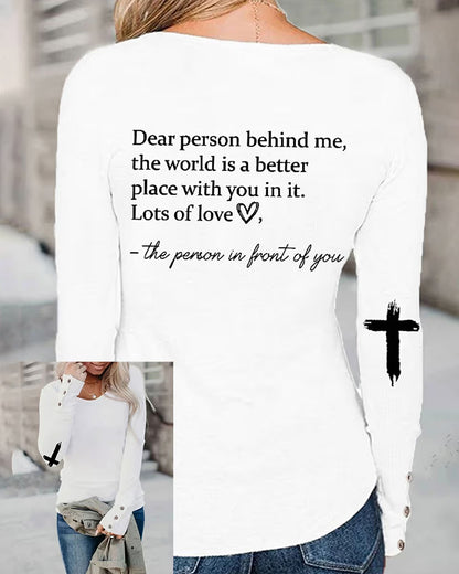 Women's Faith Dear Person Behind Me Cross Heart Print Button Top