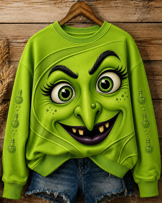 Women's Halloween Witch Face Printed Round Neck Sweatshirt