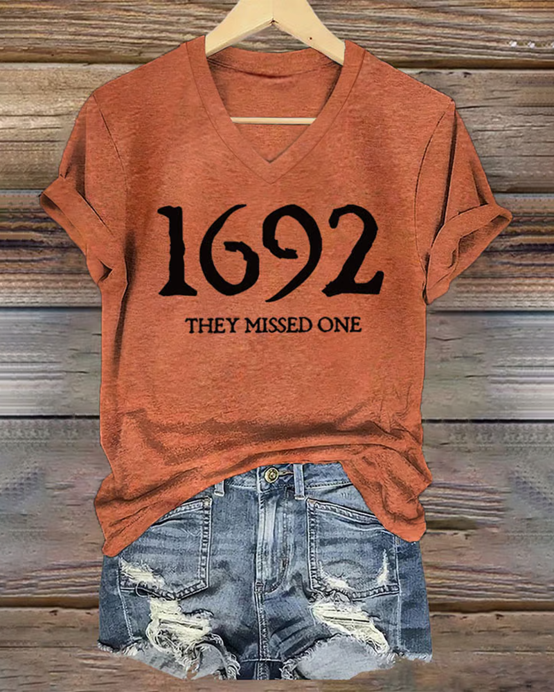 100% Cotton Women's 1692 They Missed One Salem Witch Print V Neck Short Sleeve Tshirt