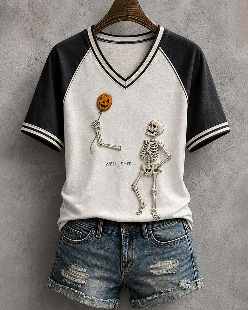 Women's Halloween Well Shit Skull V-neck Short Sleeve T-Shirt