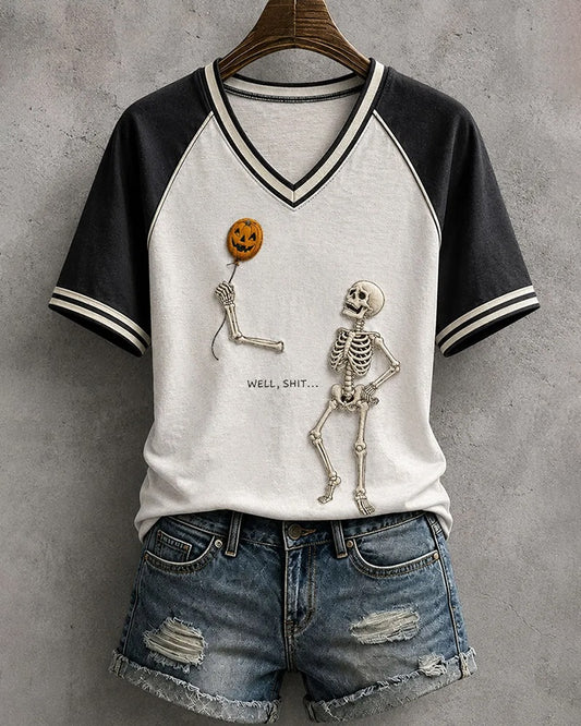 Women's Halloween Well Shit Skull V-neck Short Sleeve T-Shirt