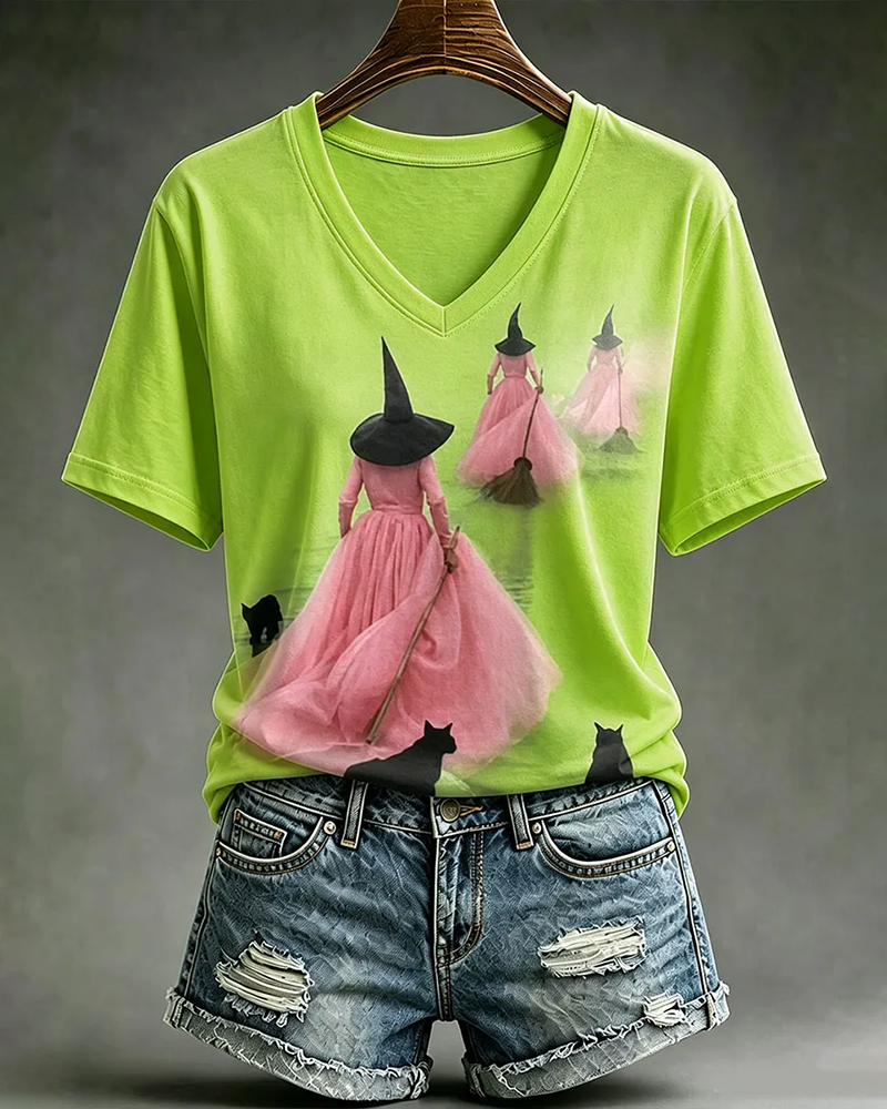 Women's Halloween Witch Black Cat V-neck Short Sleeve T-Shirt