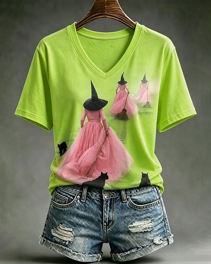Women's Halloween Witch Black Cat V-neck Short Sleeve T-Shirt