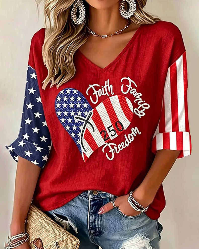 250th Anniversary of The Love and Faith Print V-neck Loose T-shirt