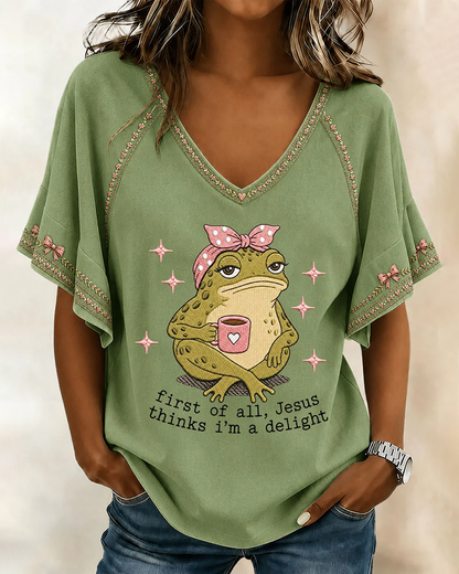 Jesus Thinks I'm A Delight Print V-neck Bell Sleeve Top