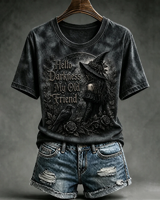 Women's Halloween Hello Darkness My Old Friend Print V-neck Short Sleeve T-Shirt