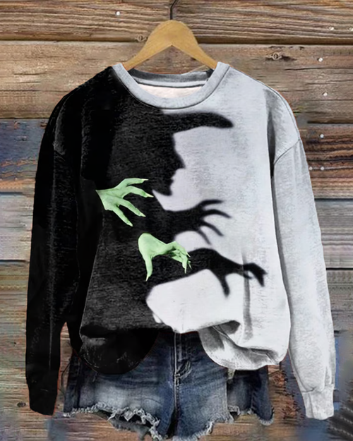 Women's Halloween Color-blocked Fun Witch Print Round Neck Sweatshirt