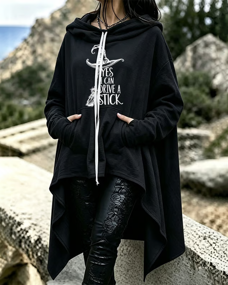 Women's Halloween Witch Hat Printed Loose Irregular Hoodie