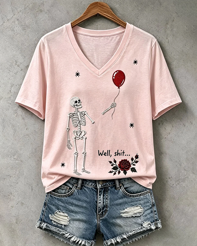 100% Cotton Halloween Fun Skull Balloon Prints V Neck Short Sleeve Tshirt