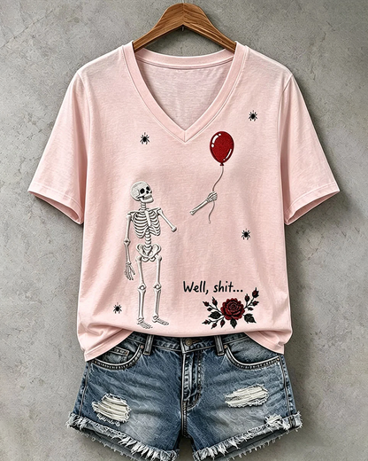 100% Cotton Halloween Fun Skull Balloon Prints V Neck Short Sleeve Tshirt
