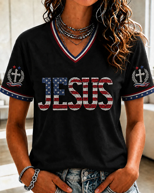 American Flag Cross Print V-neck Short Sleeve Tshirt