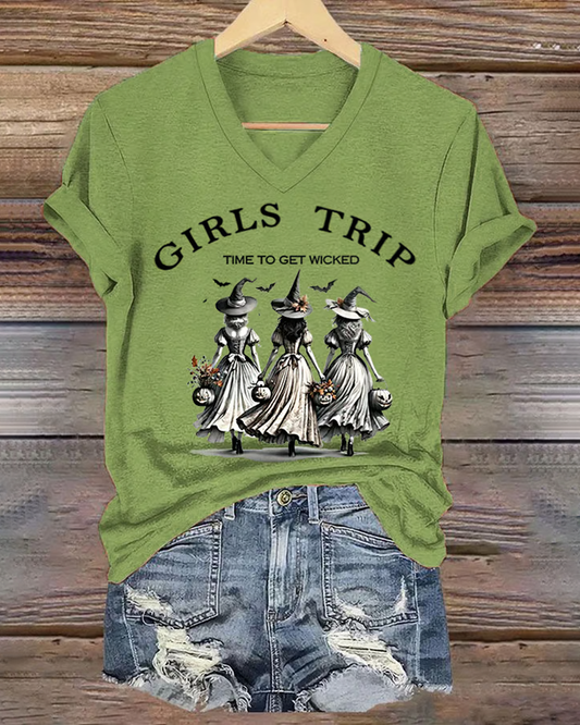 100% Cotton Funny Halloween Witch Girls Trip Time To Get Wicked V Neck Short Sleeve Tshirt