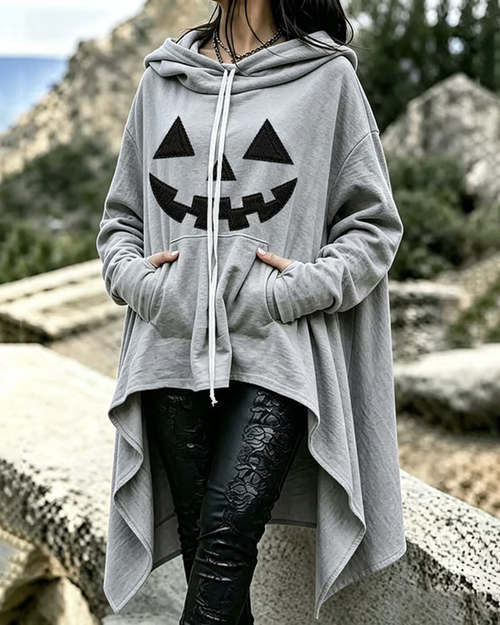 Women's Halloween Pumpkin Devil Print Loose Irregular Hoodie
