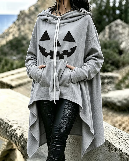 Women's Halloween Pumpkin Devil Print Loose Irregular Hoodie