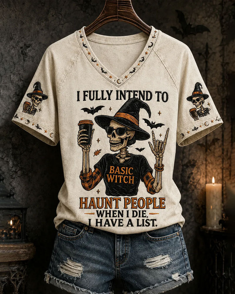 Women's Funny Halloween Skull Witch PrintT-Shirt