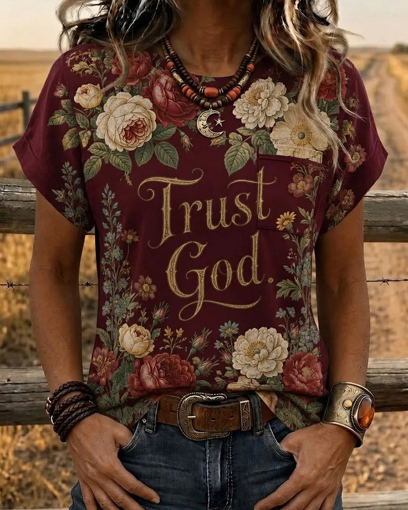 American Vintage Trust God Text Full Rose Print Crewneck T-Shirt