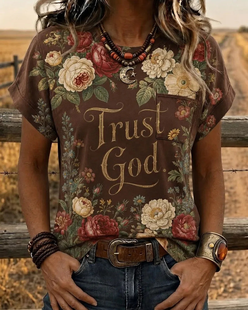 American Vintage Trust God Text Full Rose Print Crewneck T-Shirt
