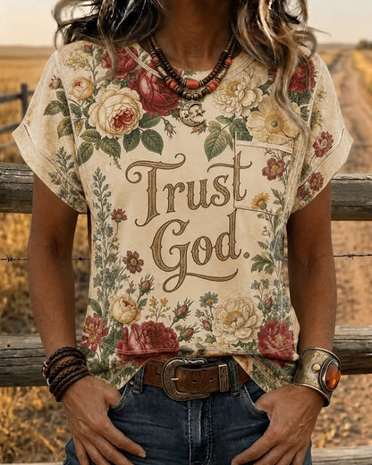 American Vintage Trust God Text Full Rose Print Crewneck T-Shirt