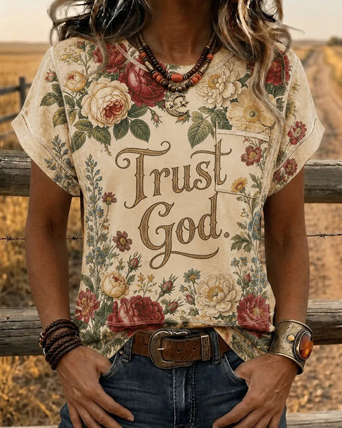 American Vintage Trust God Text Full Rose Print Crewneck T-Shirt