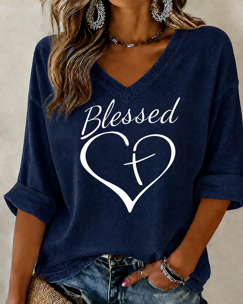 Women'S Faith Love Printed V-neck Loose T-shirt
