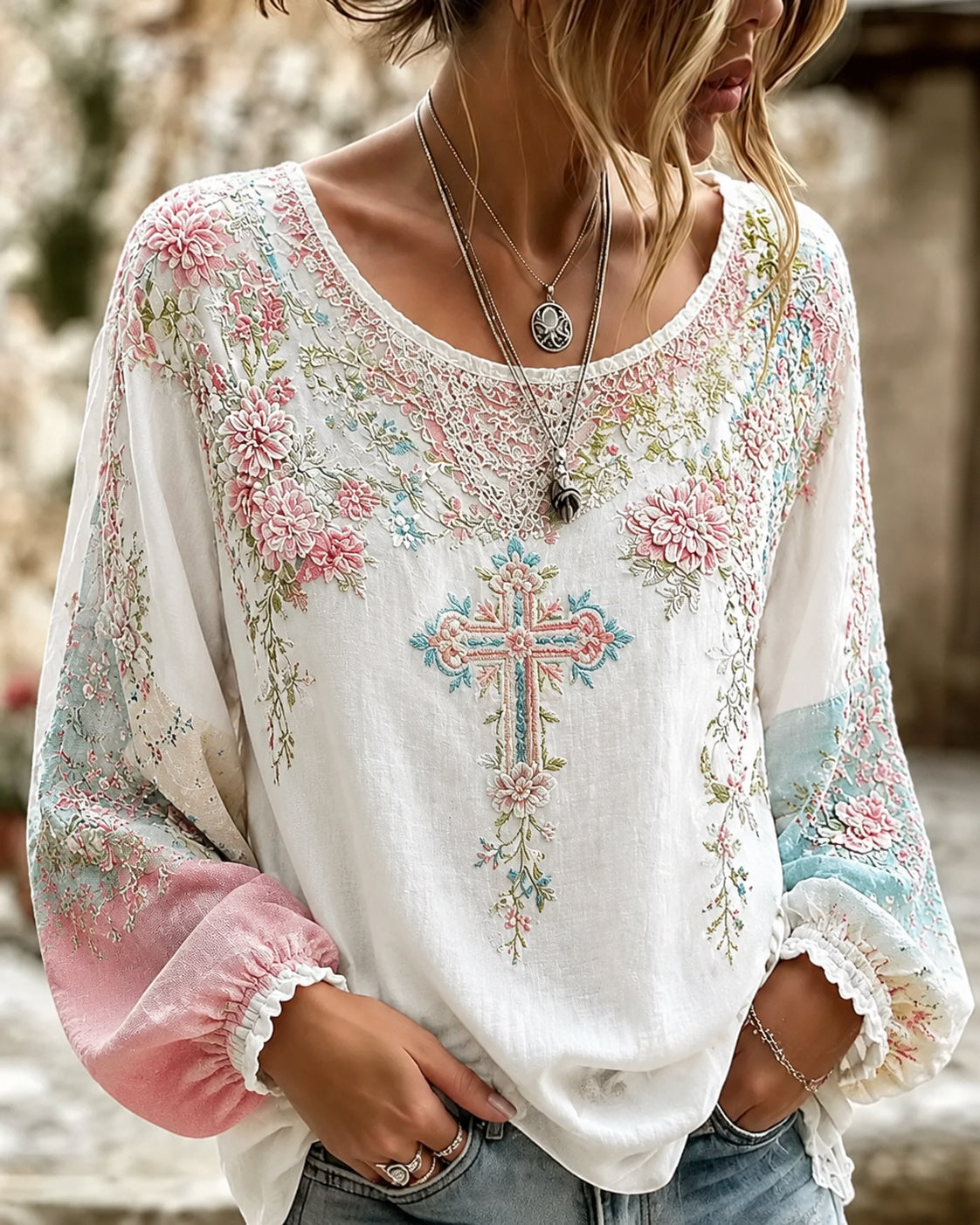 Pink Floral Cross Round Neck Puff Sleeves Blouse