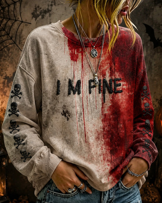 Blood I'm Fine Halloween Printed  Round Neck Sweatshirt