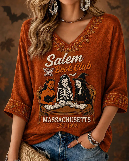 Women's Salem Book Club All Witches Welcome Printed Mid-length Sleeves V-neck T-shirt