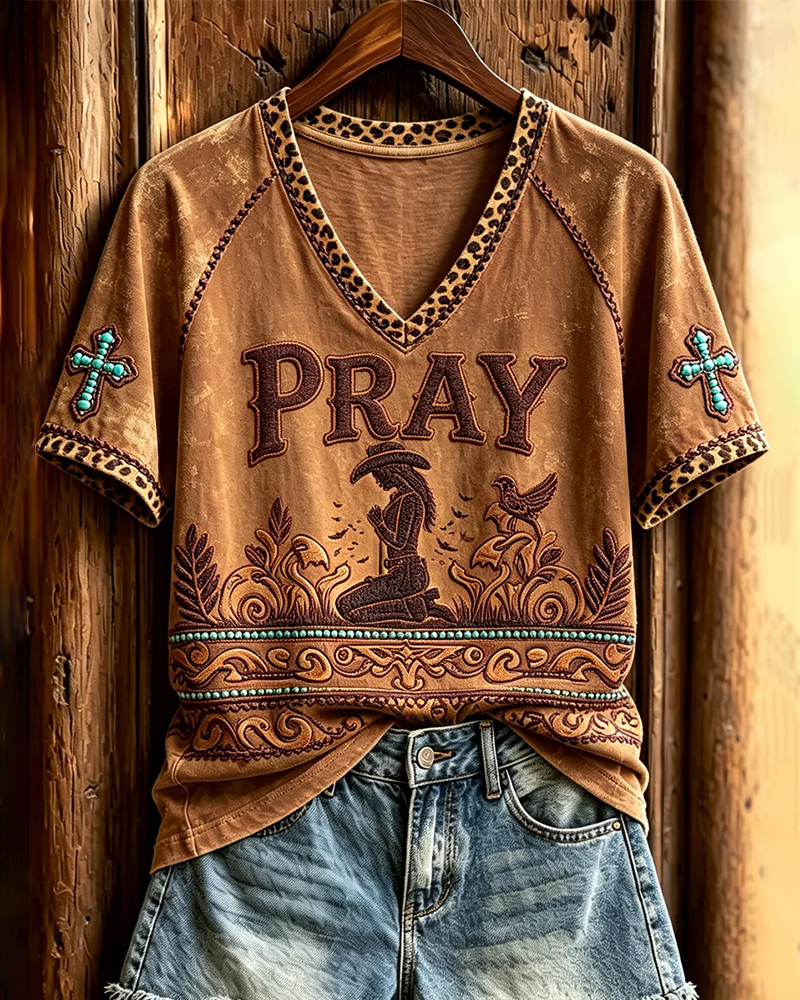 Cow Girl Pray V-neck Short Sleeve Tshirt