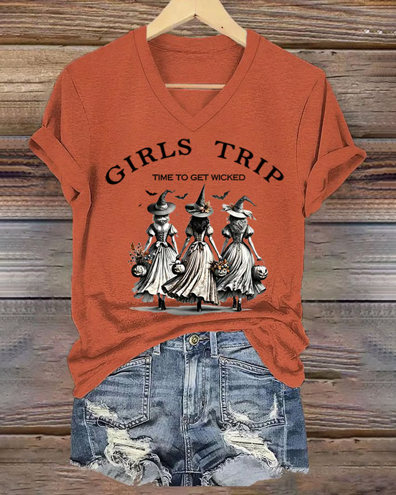100% Cotton Funny Halloween Witch Girls Trip Time To Get Wicked V Neck Short Sleeve Tshirt