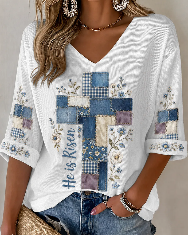 Patch Flower Cross Print V-neck Loose T-shirt