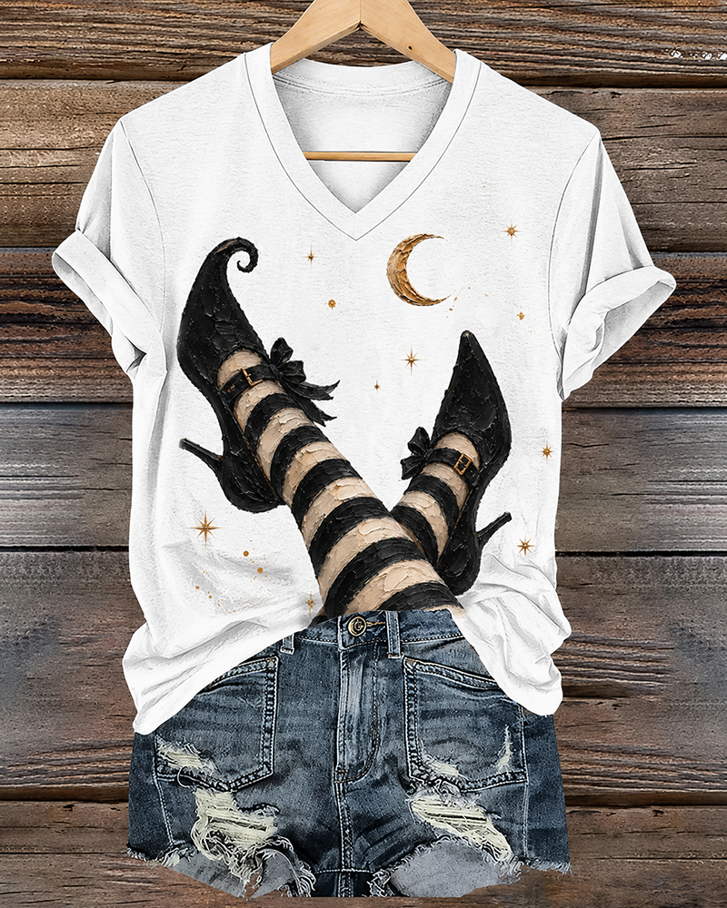 100% Cotton Women's Halloween Witch Boots Art Print V- Neck Short Sleeve Tshirt