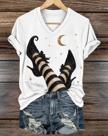 100% Cotton Women's Halloween Witch Boots Art Print V- Neck Short Sleeve Tshirt