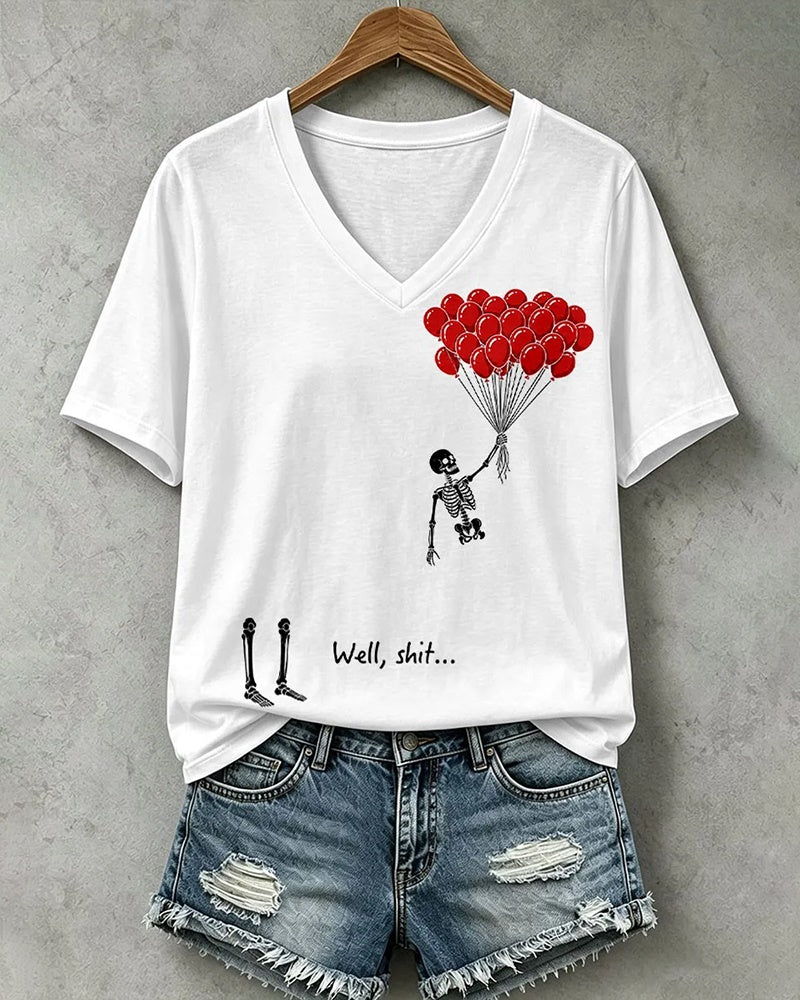 100% Cotton Women's Halloween Well Shit Skull  V- Neck Short Sleeve Tshirt