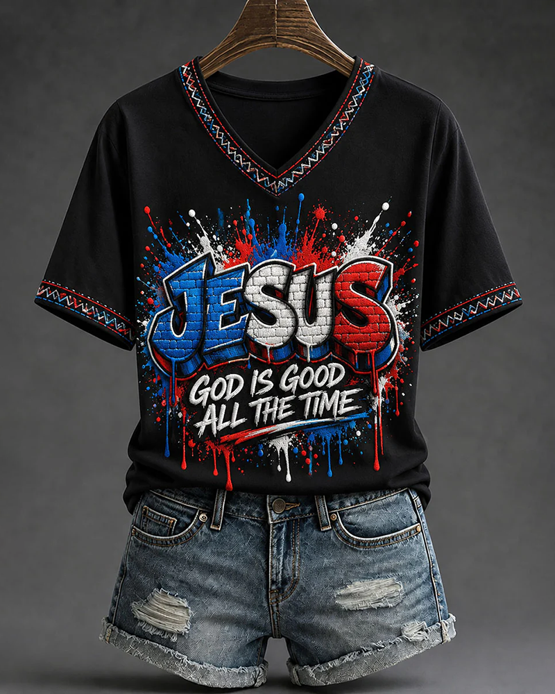 Graffiti Letters Jesus Is The Light Of The World V-neck Short Sleeve Tshirt
