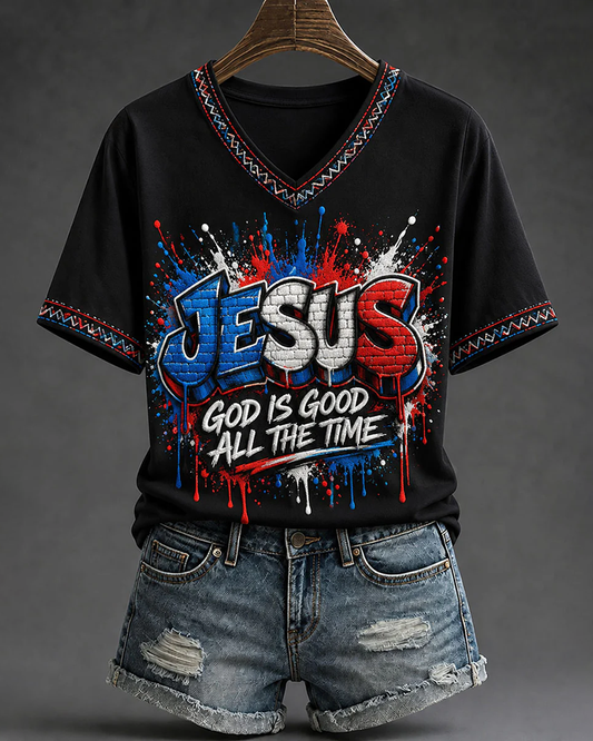 Graffiti Letters Jesus Is The Light Of The World V-neck Short Sleeve Tshirt