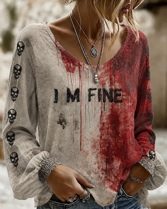 Blood I'm Fine Halloween Printed Round Neck Puff Sleeves Blouse