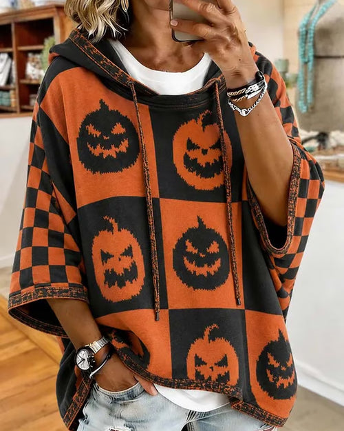 Women's Grid Pumpkin Patchwork Loose Hooded Hoodie