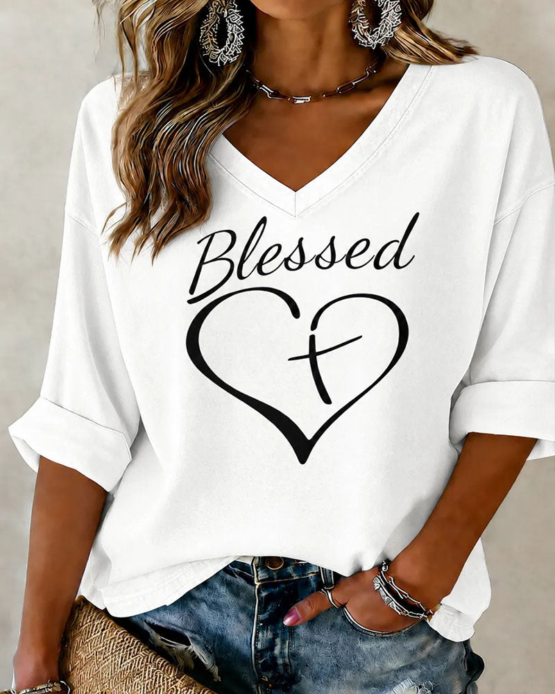 Women'S Faith Love Printed V-neck Loose T-shirt