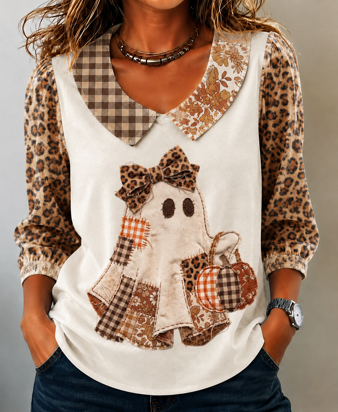 Halloween Patch Ghost Cartoon Long Sleeve Blouse