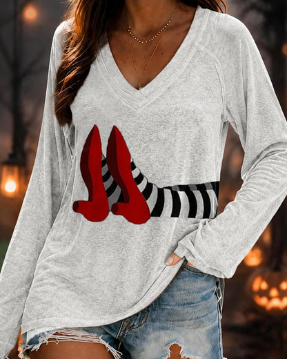 Women’s Halloween-Printed V-neck Long-sleeved T-shirt
