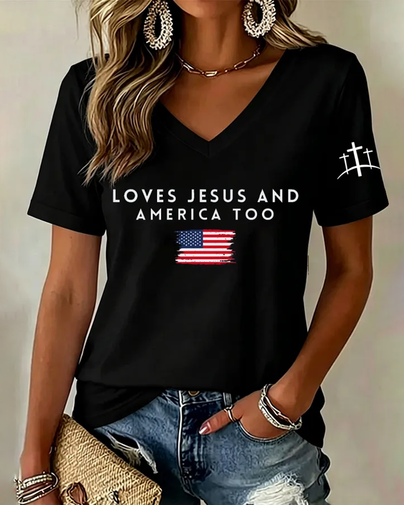 100% Cotton Loves Jesus and America Too V Neck Short Sleeve Tshirt