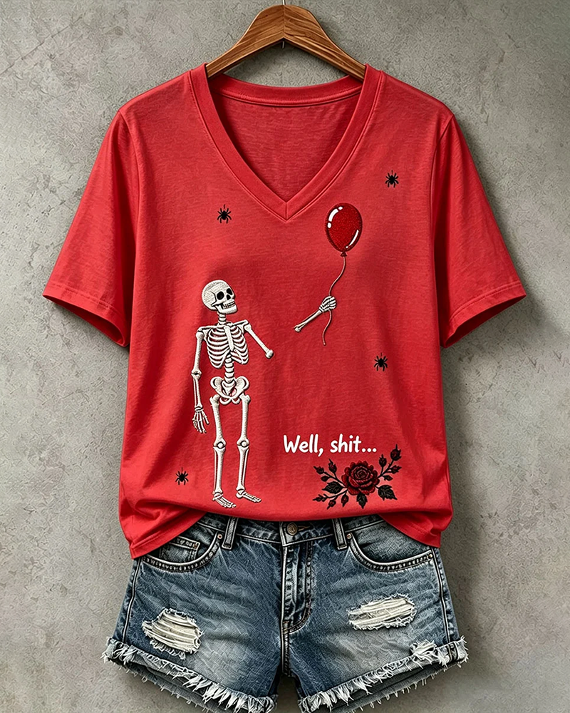 100% Cotton Halloween Fun Skull Balloon Prints V Neck Short Sleeve Tshirt