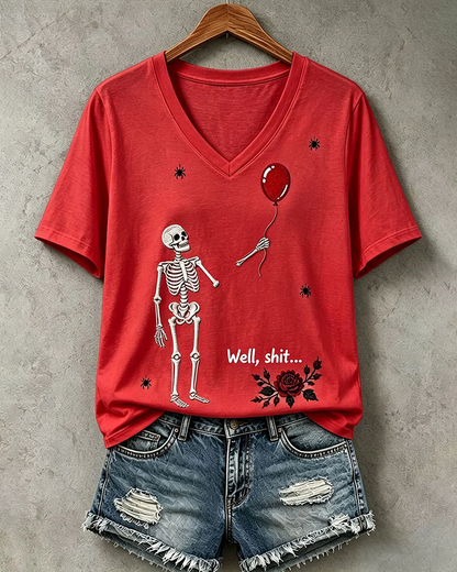 100% Cotton Halloween Fun Skull Balloon Prints V Neck Short Sleeve Tshirt